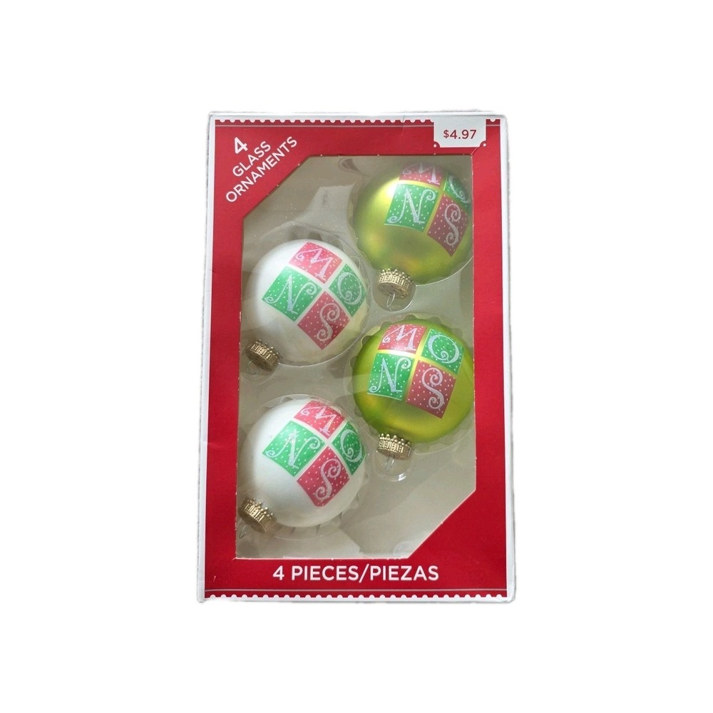 4 Holiday Time White Green ‎ Glass Ornaments Snow Christmas  Decor Glitter